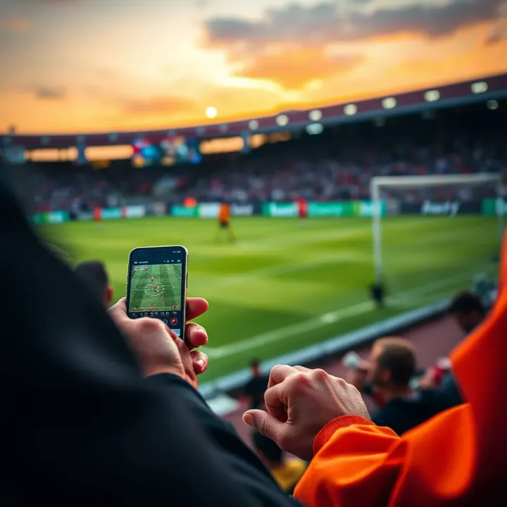 Soccer fan using mobile device to check Tipbet live scores and betting information during a match