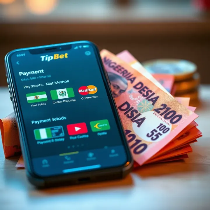 Payment Methods in TipBet NG App for Nigerian Users Nigerian currency notes alongside a mobile phone showing multiple payment methods in the TipBet NG app