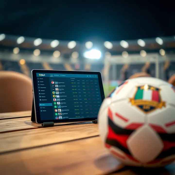 Football betting tips strategy with a tablet showing betting odds and a football on a wooden table