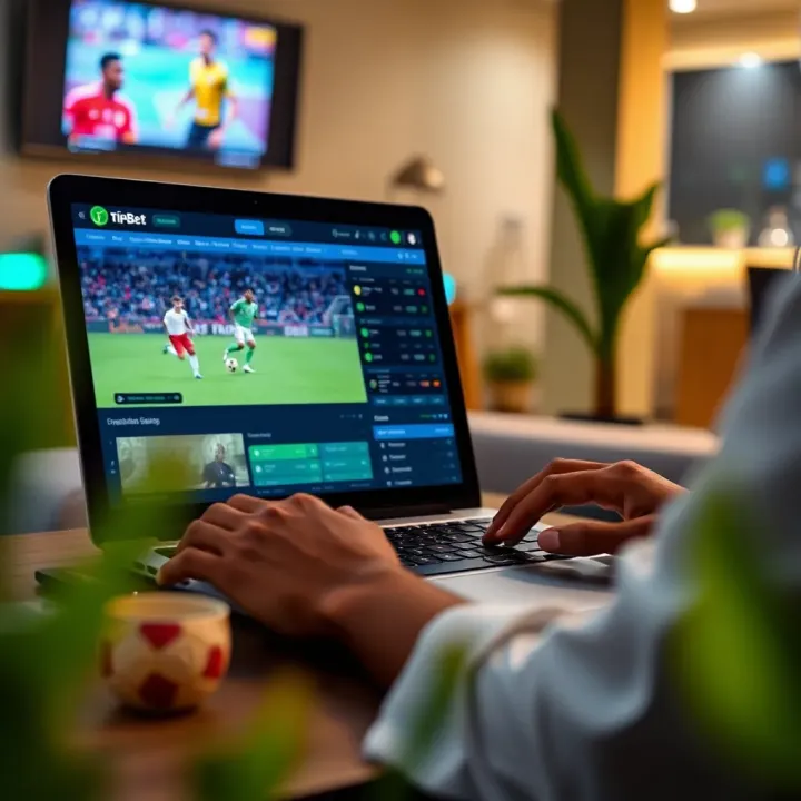 Person using a laptop to place bets on the TipBet Nigeria sports betting platform with a football match displayed