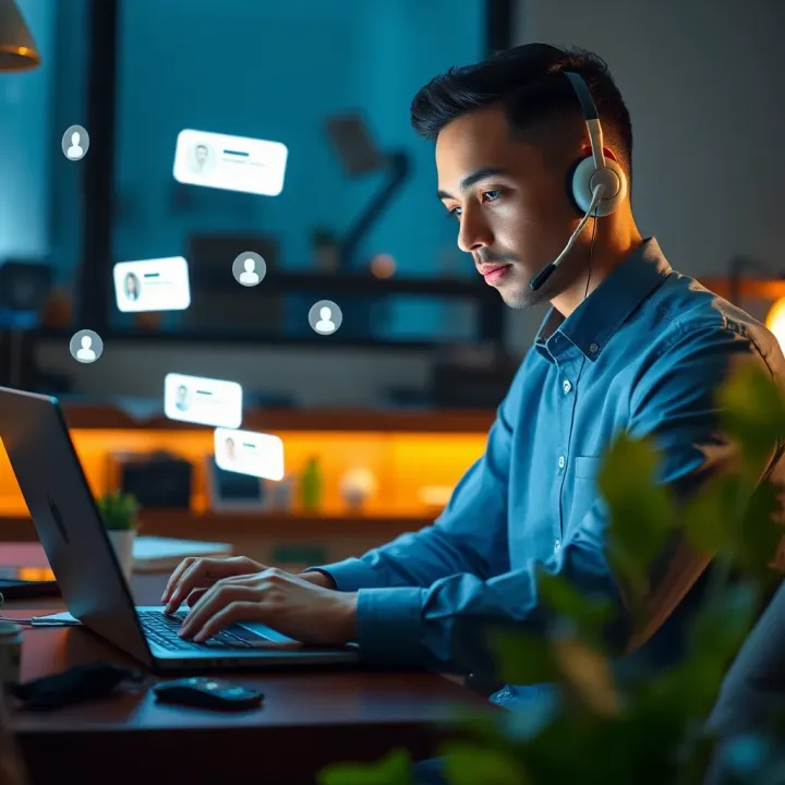 Customer support agent using a laptop with chat icons floating around