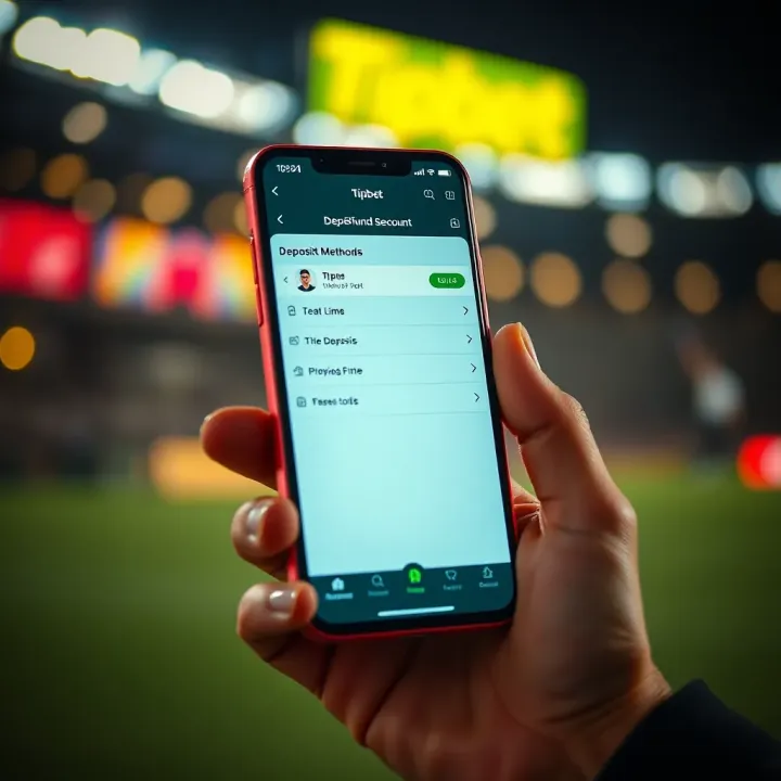 Mobile phone displaying the Tipbet app interface with options for depositing funds securely