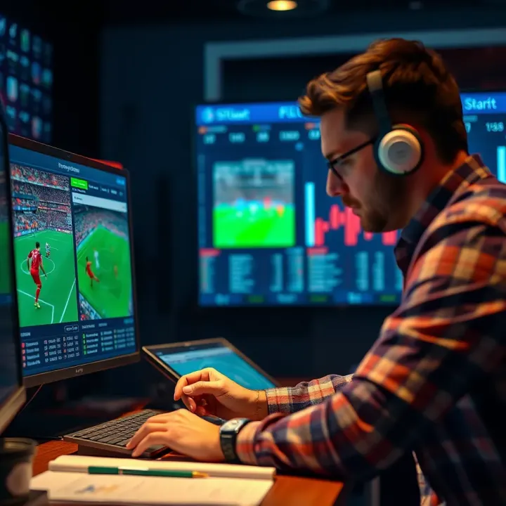 Football analyst reviewing match statistics and player data on multiple screens