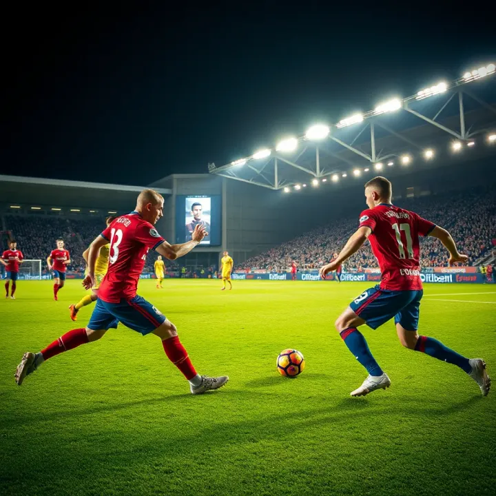 Intense Premier League Match Action Under Stadium Lights Football players competing intensely on a Premier League pitch under stadium lights