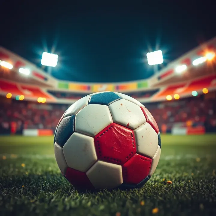Soccer ball on a vibrant African stadium pitch under floodlights during a night match