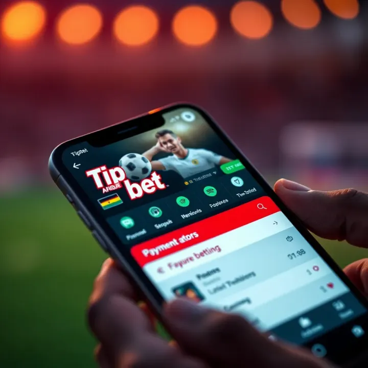 Mobile phone showing the Tipbet Afrique app interface with payment options and live betting features