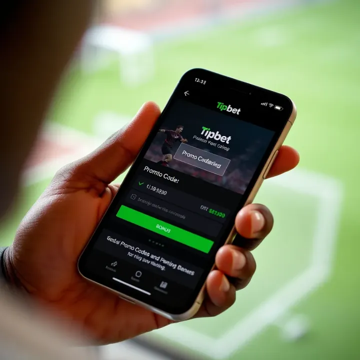 Mobile phone displaying Tipbet app interface with promo code entry and bonus details