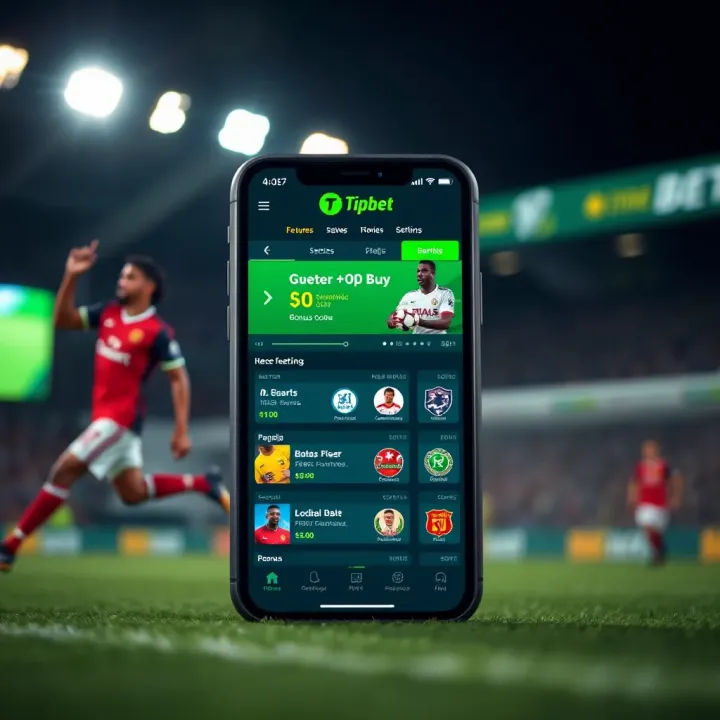 Illustration of a mobile phone displaying a betting app with highlighted bonus features and football icons
