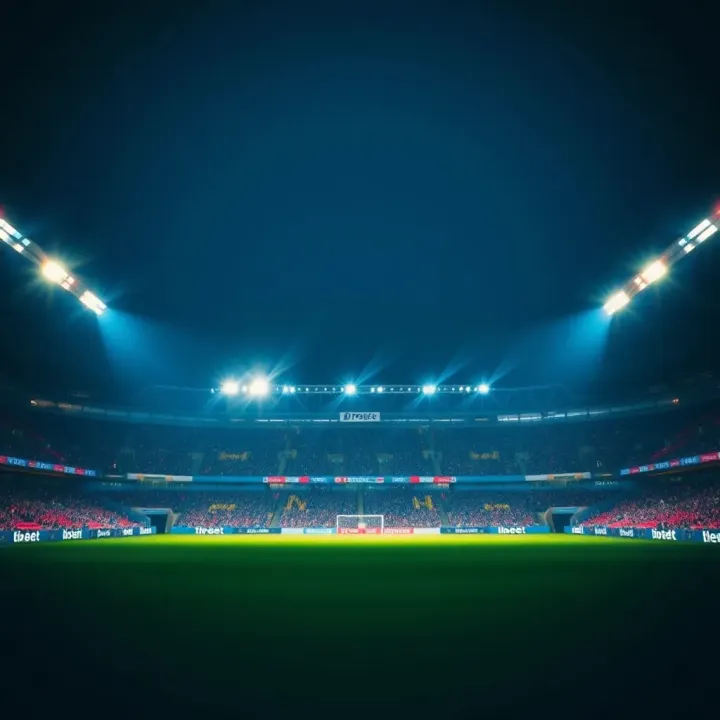 Football stadium illuminated at night for a Bundesliga match