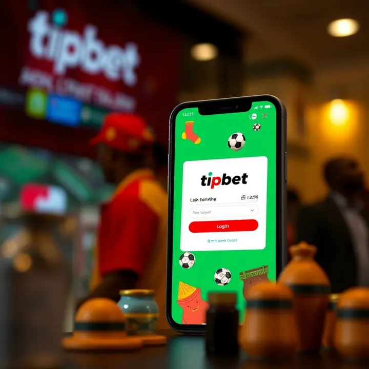 Illustration of a mobile device displaying the Tipbet login screen with Nigerian cultural elements