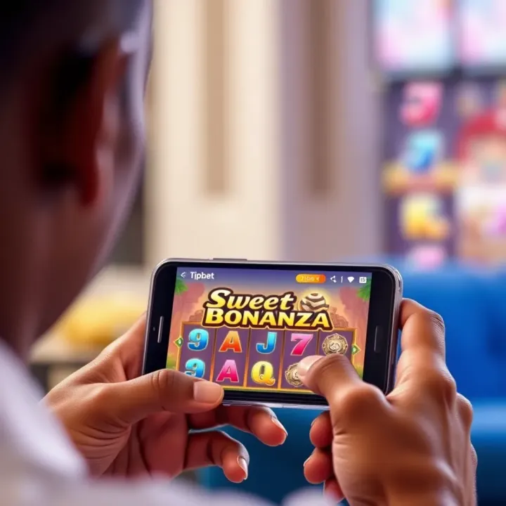 Mobile phone displaying Tipbet platform with Sweet Bonanza slot game ready for play
