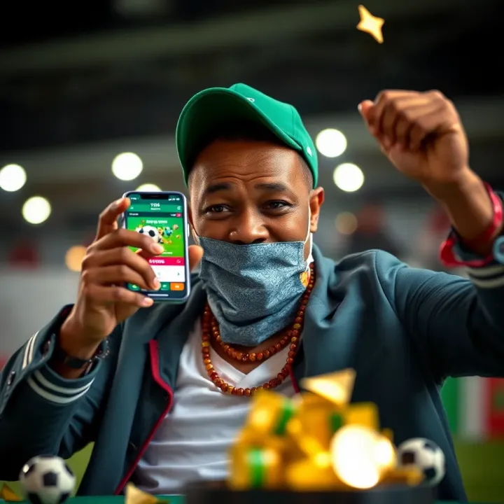 Excited Nigerian bettor celebrating winning on TipBet platform with a smartphone displaying bonus offer