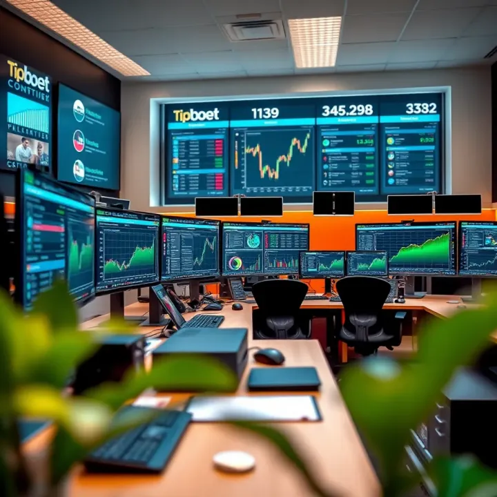 Modern office workspace with computers displaying betting analytics and charts
