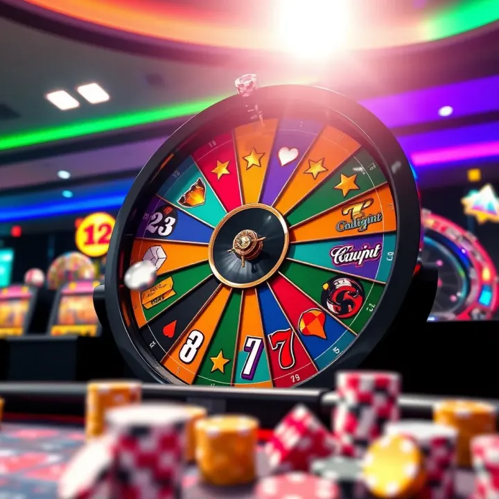 Colorful spinning wheel with casino symbols representing online slot game excitement