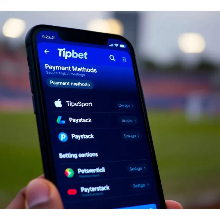 Mobile screen featuring Tipbet Sport app payment options including Paystack for secure transactions