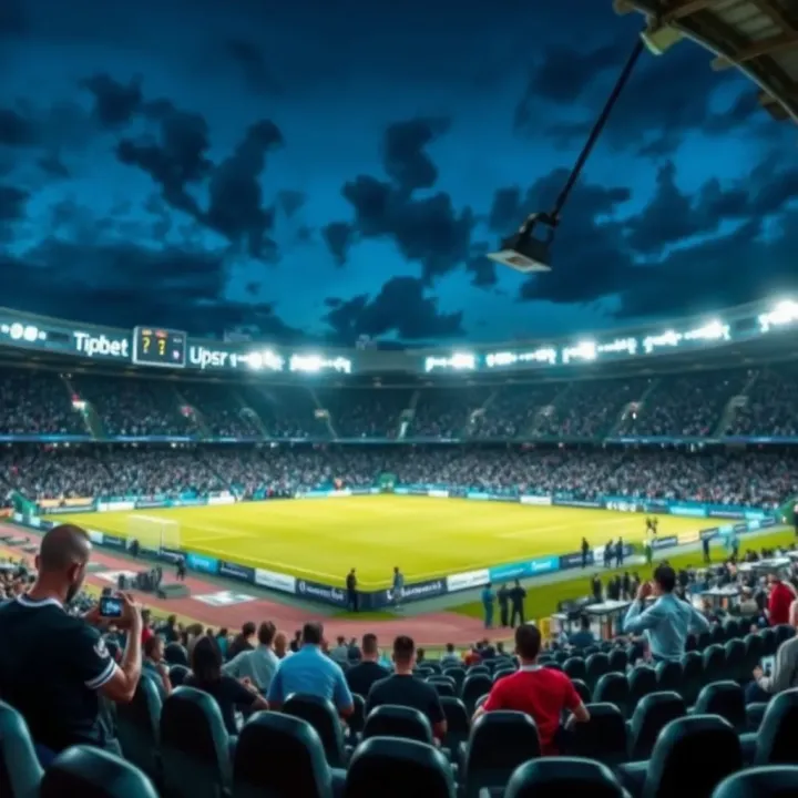 Football stadium illuminated during evening match, showcasing real-time betting excitement