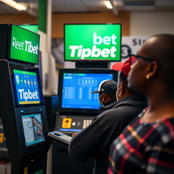 Tipbet Betting Terminal in Nigerian Retail Outlets Tipbet betting terminal inside a Nigerian retail shop with customers placing bets